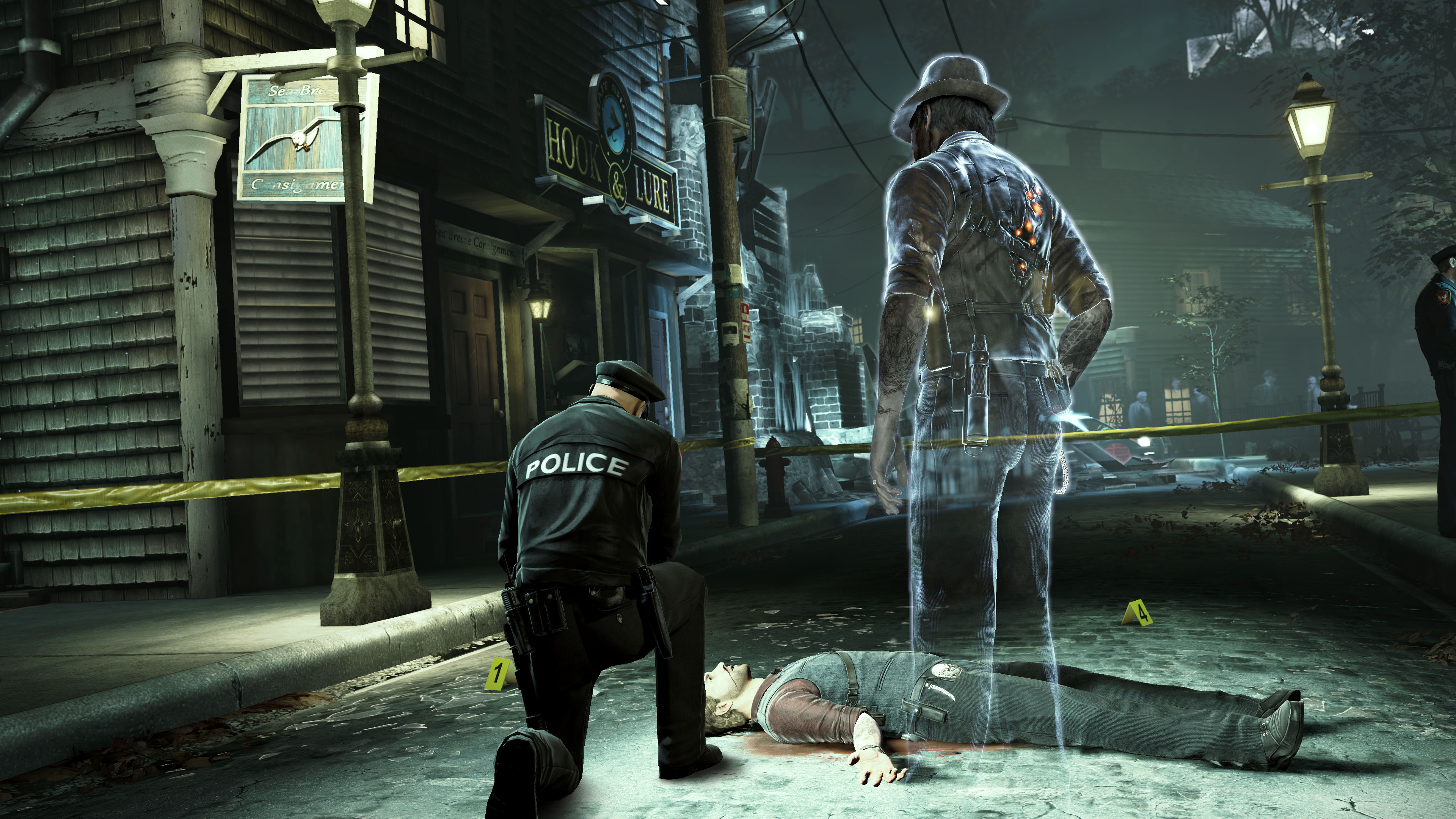 Murdered: Soul Suspect follows Detective Ronan O'Connor as he attempts to solve his own murder and bring the killer to justice Screenshot from Murdered: Soul Suspect that shows the ghost of protagonist Ronan standing over his dead body as a crouching police officer inspects it
